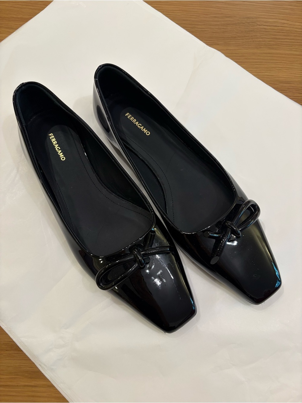 Salvatore Ferragamo Black Patent Leather Square-Toe Bow Flats